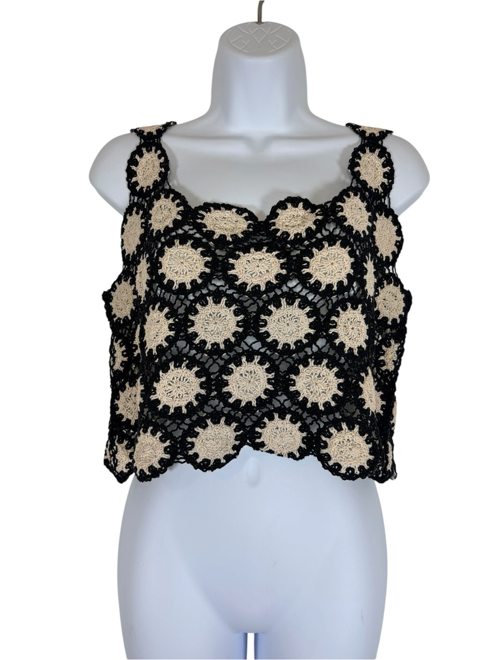 Julia by LoveJ Crochet Crop Tank Top Black Cream Boho Festival Large